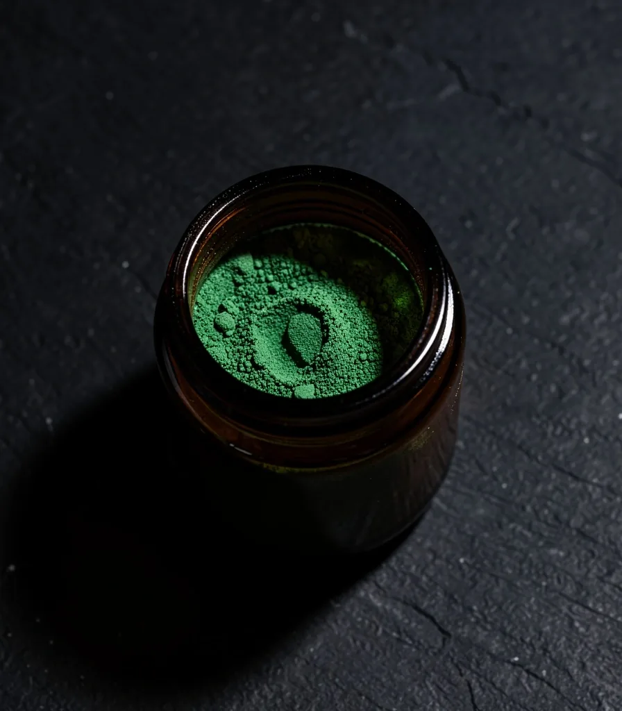 Dark glass apothecary jar with green botanical powder