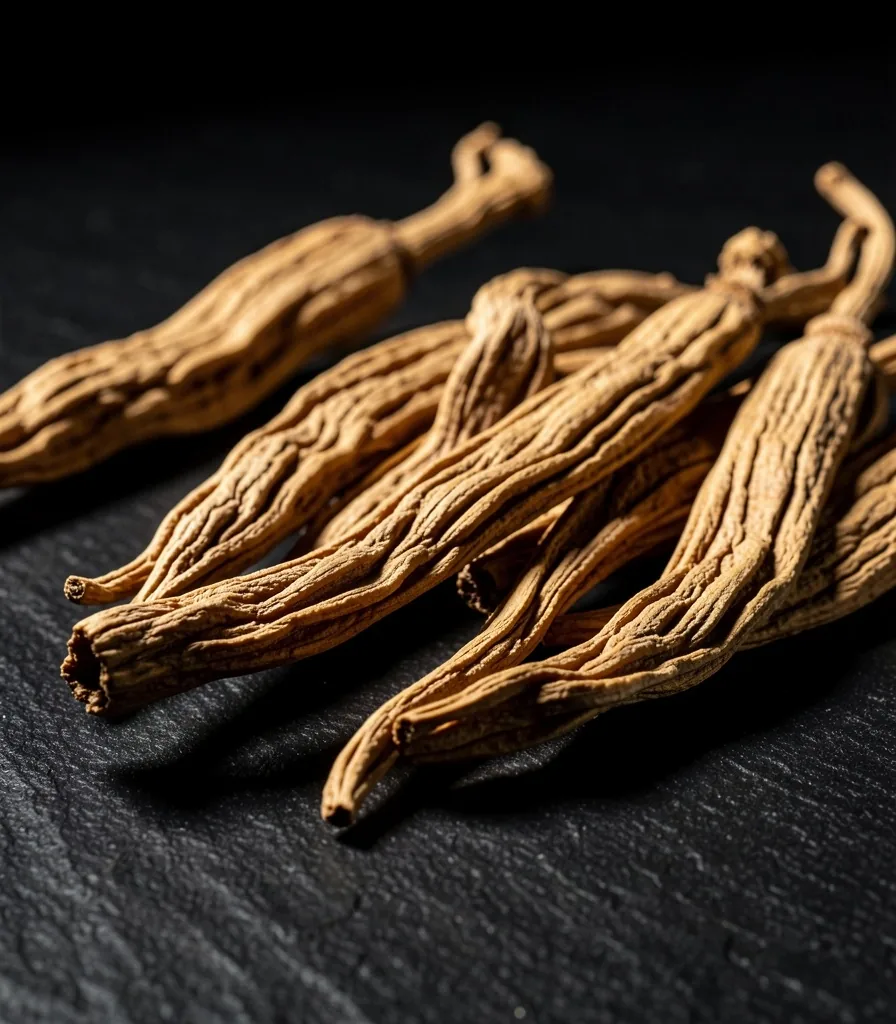 Dried ginseng root specimens on dark stone