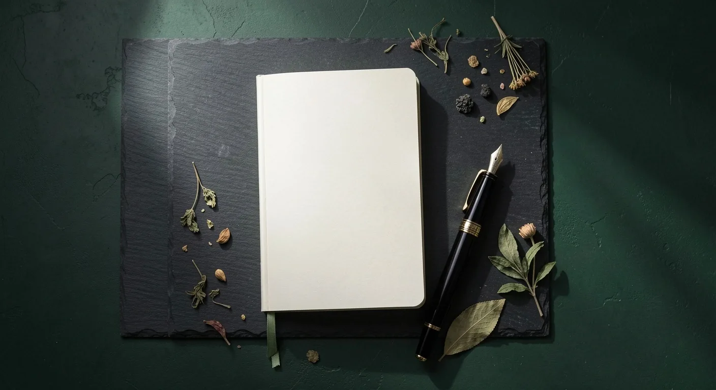 Editorial workspace with notebook and dried botanical specimens