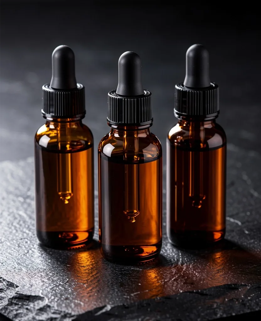 Laboratory-grade amber dropper bottles on a dark surface