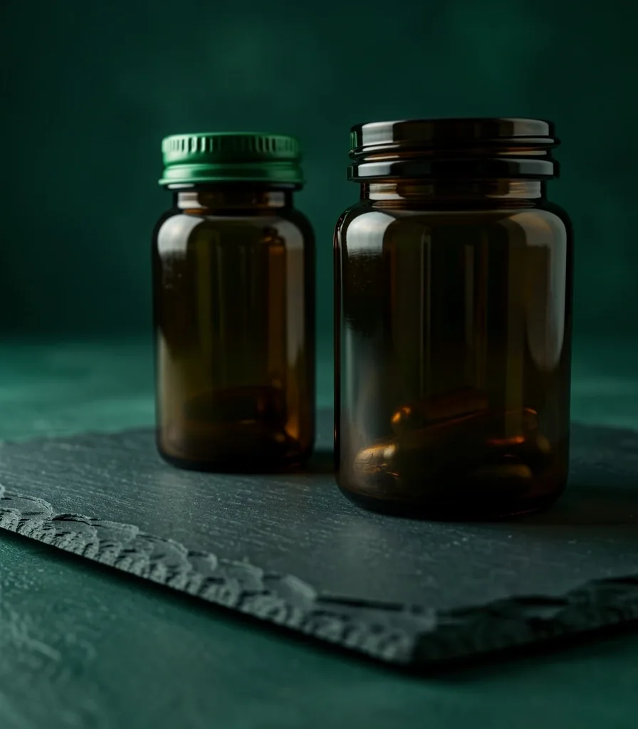 Amber glass supplement bottles on dark stone