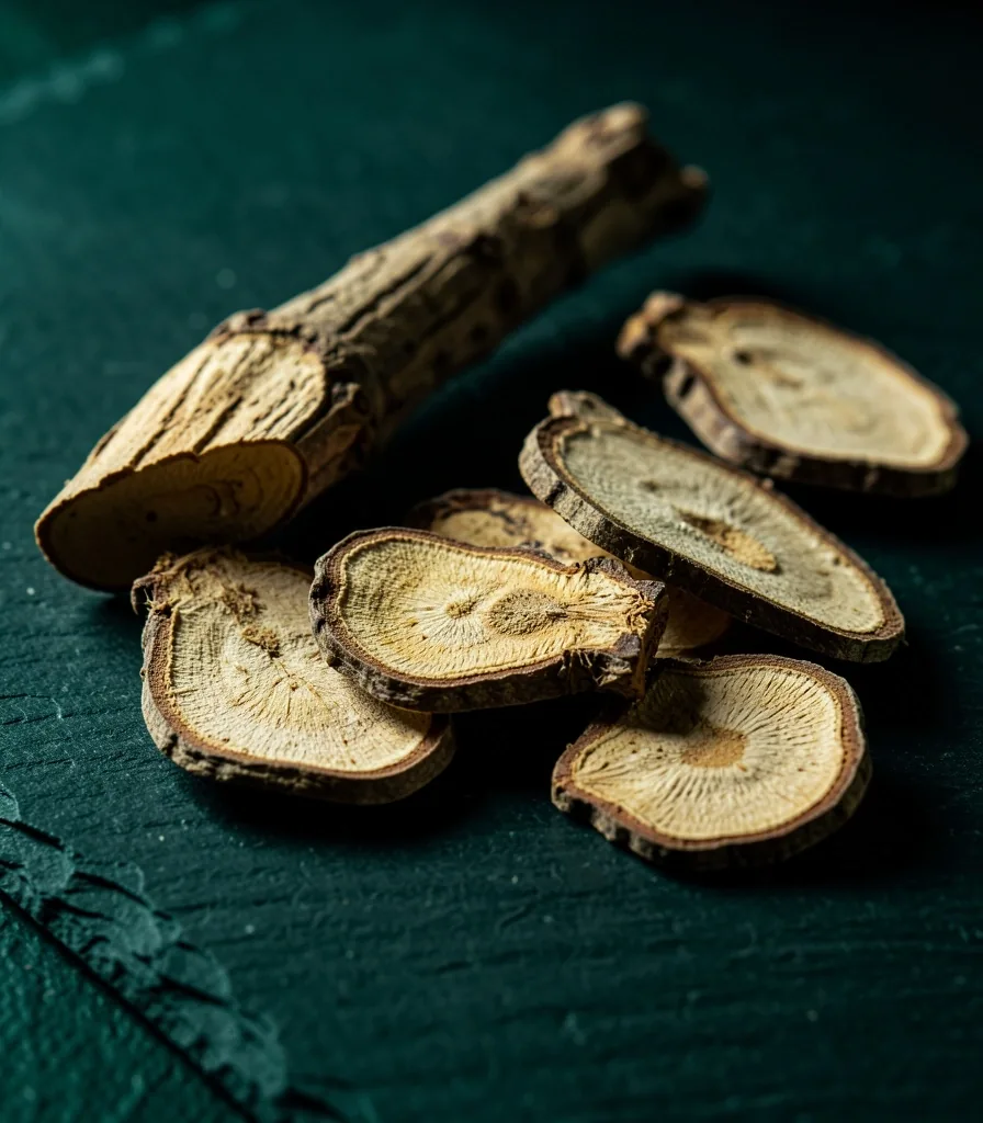 Dried maca root and ginseng slices on dark slate