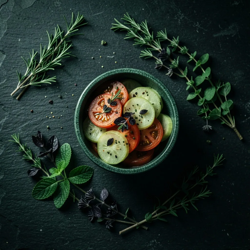 Fermented vegetables and herbs on dark surface
