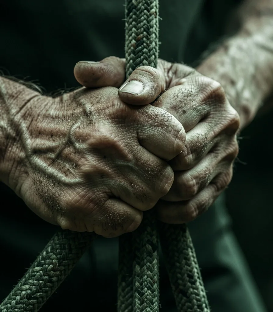 Man's hands gripping climbing rope in dramatic light
