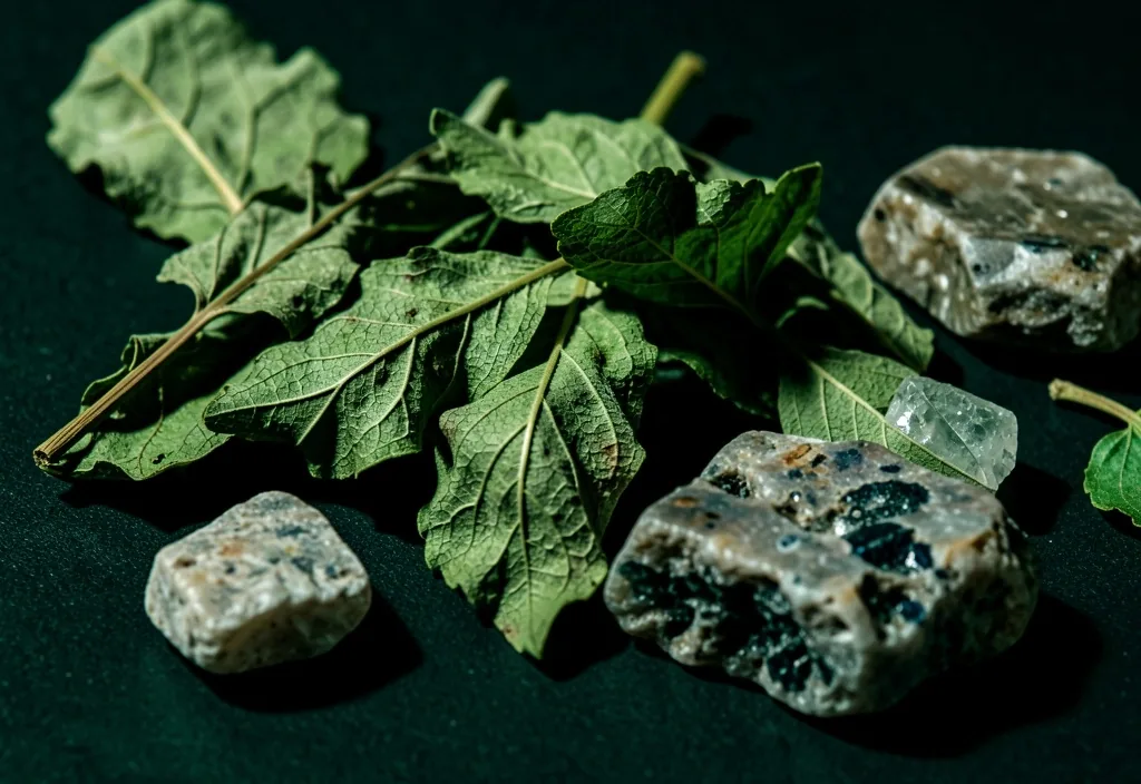 Dried green botanical leaves and mineral crystals on dark surface